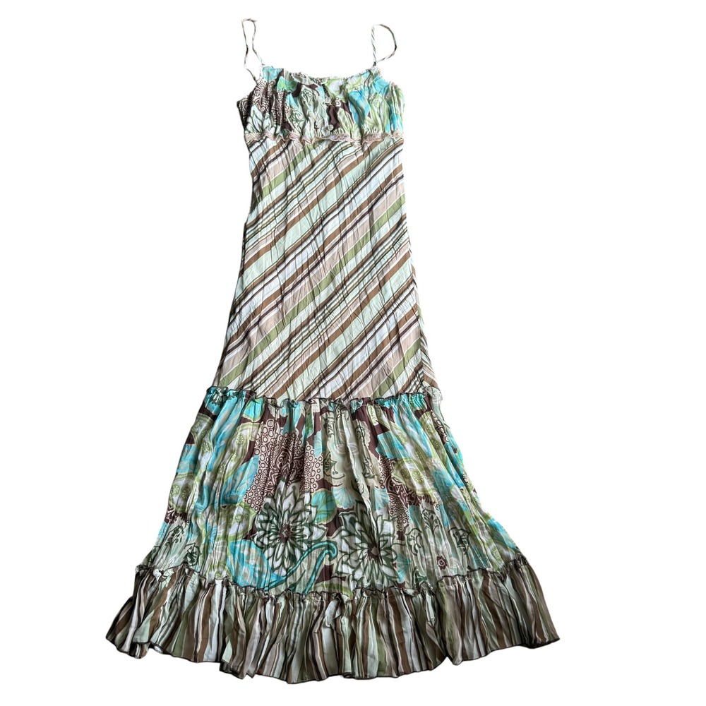 Beau Bois Maxi Dress Women Small Brown Green Blue Floral Stripe Boho Tiered